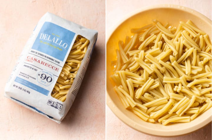 collage of Delallo Casarecce Pasta in its packaging and cooked in a colander