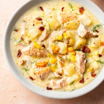The best salmon chowder in two white bowls
