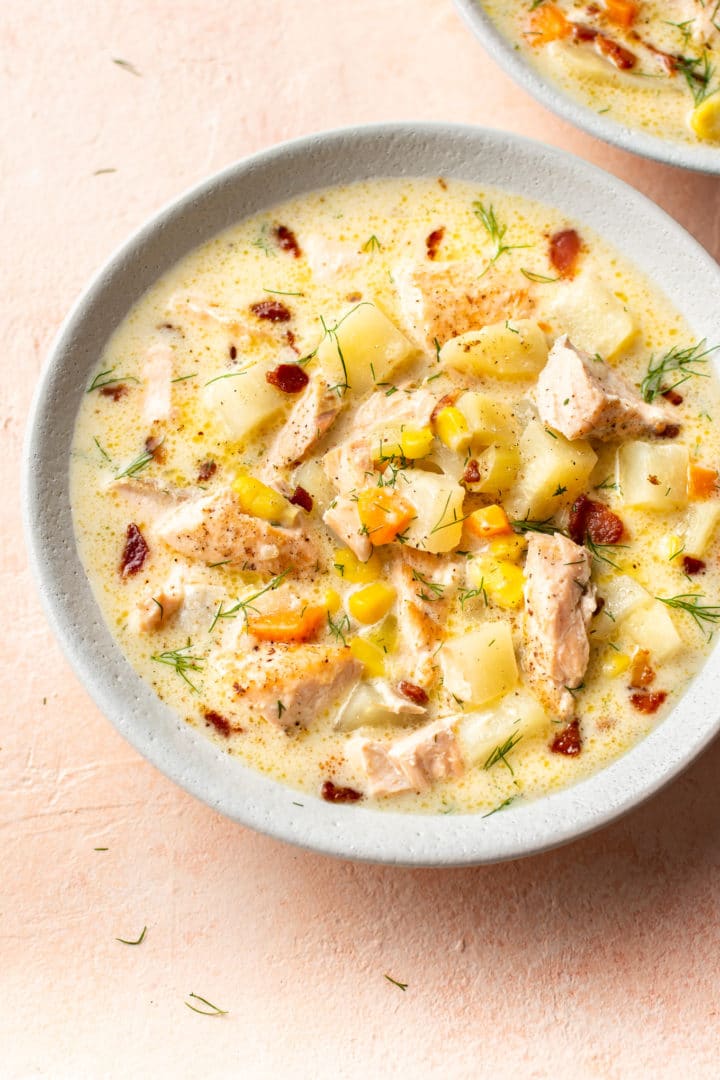The best salmon chowder in two white bowls