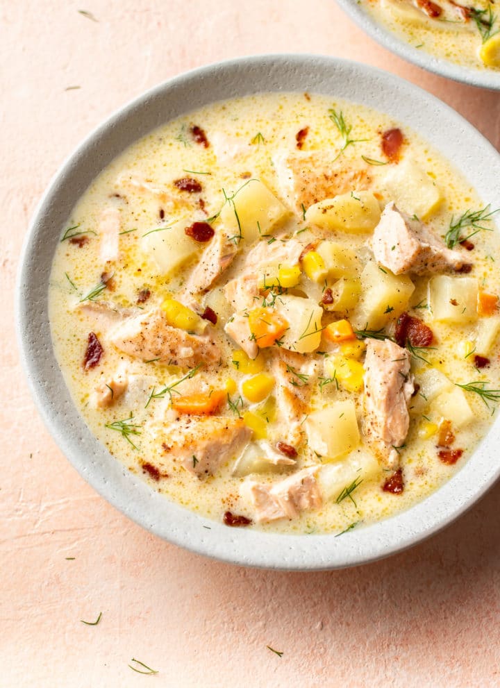 The best salmon chowder in two white bowls