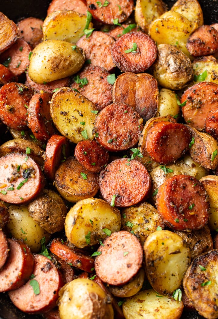 close-up of sausage and potatoes