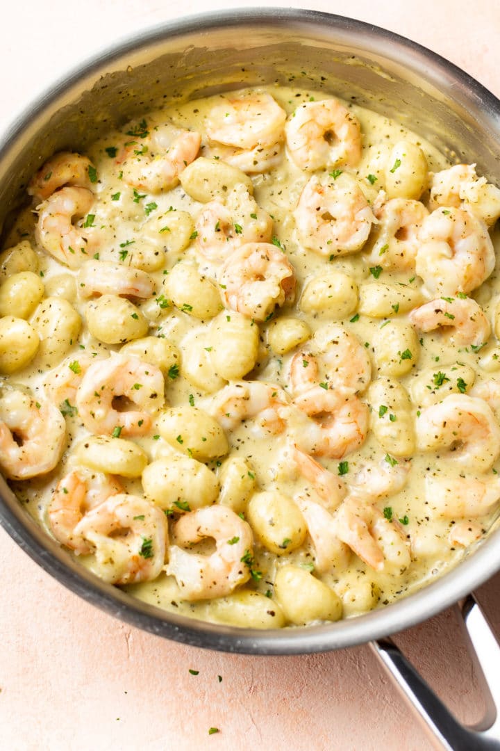 pesto shrimp and gnocchi in a skillet (one pan meal)
