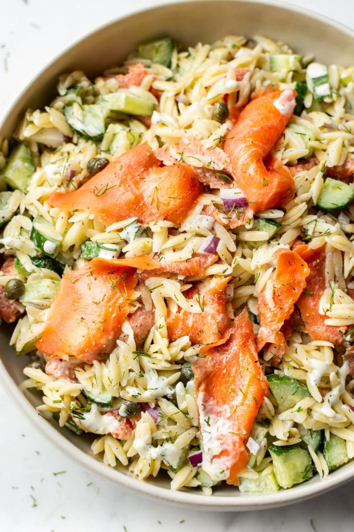 close-up of smoked salmon pasta salad (orzo)