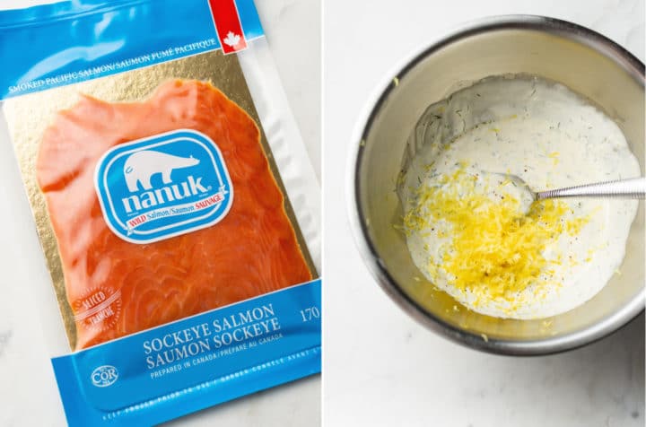 collage of smoked salmon in its packaging and the salad dressing in a metal prep bowl