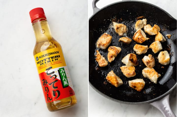 collage (photo of the mirin I use and seared chicken in a skillet)