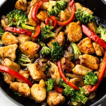 easy teriyaki chicken stir fry in a skillet