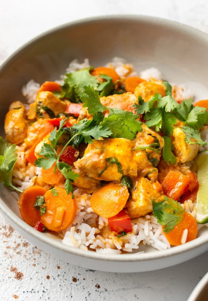 Thai coconut curry chicken with rice close-up