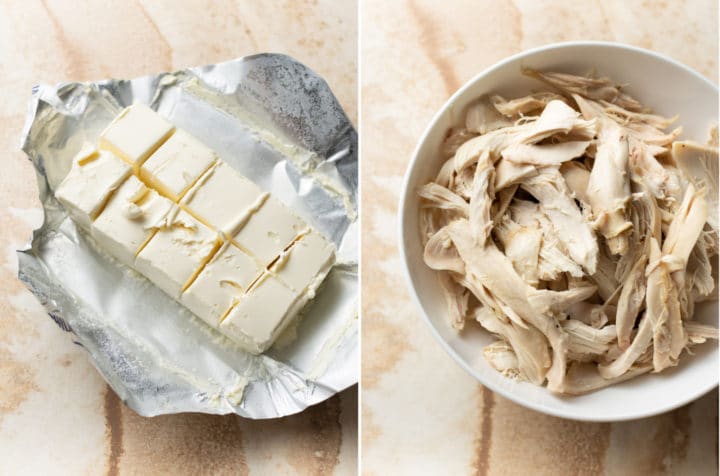 buffalo chicken dip pasta recipe collage (cream cheese cut into blocks and rotisserie chicken in a bowl)