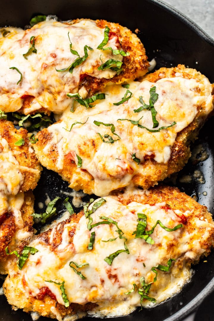 close-up of chicken parmesan in a skillet