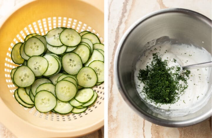 salting cucumber and making dressing in a bowl for creamy cucumber salad