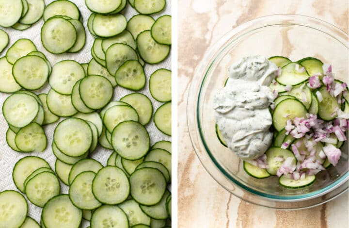 assembling creamy cucumber salad in a bowl