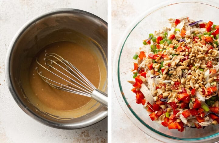 whisking peanut dressing and adding cabbage to a large salad bowl