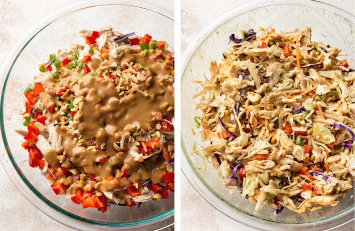 adding peanut dressing to large bowl of thai chicken salad