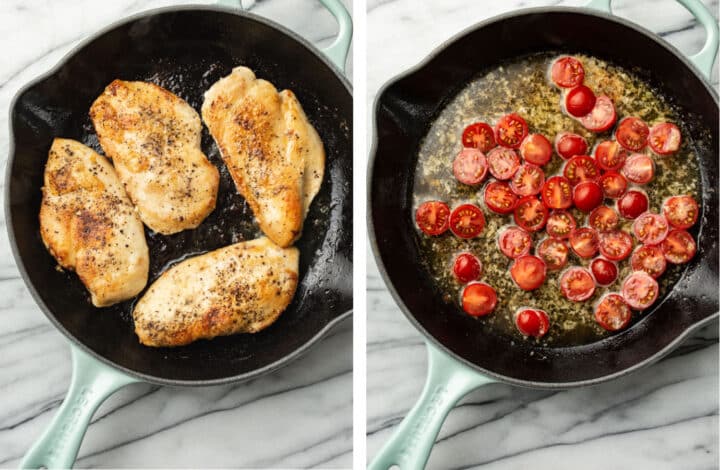 pan frying chicken in a skillet and making tomato white wine sauce