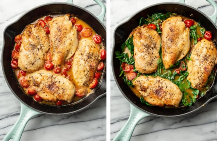 reducing sauce for tomato white wine chicken and adding spinach and basil