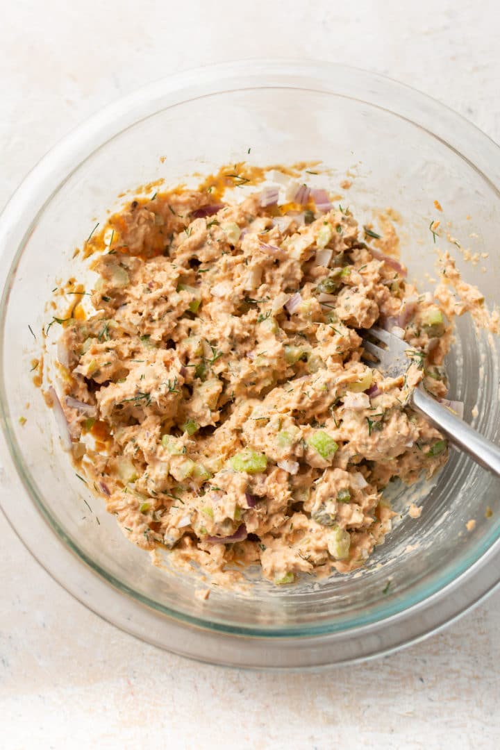 canned salmon salad in a glass prep bowl
