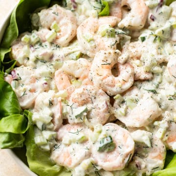 The best shrimp salad served over a bed of butter leaf lettuce (in a white salad bowl)