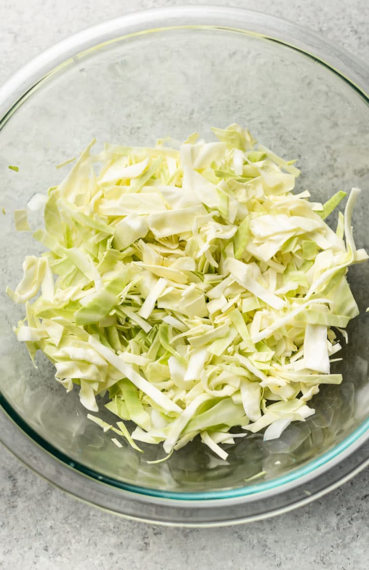 chopped cabbage for stir fry in a glass prep bowl