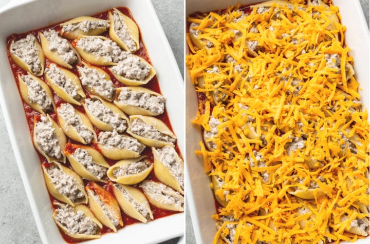 collage of ground beef stuffed shells (uncooked in the baking dish with and without cheese)