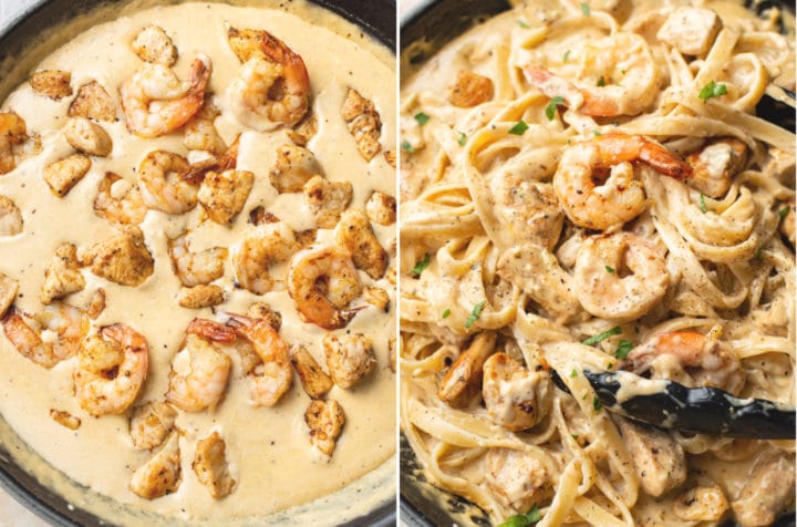 collage with chicken and shrimp being added to the Alfredo sauce and a close-up of the sauce tossed with the pasta