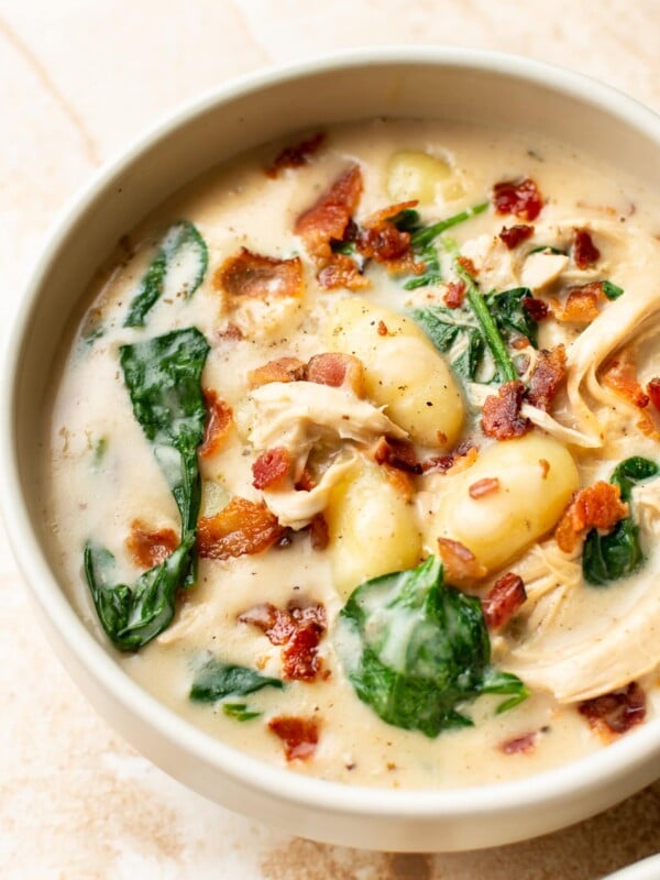 creamy chicken bacon gnocchi soup in a bowl