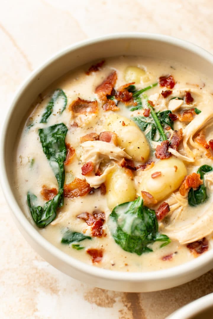 creamy chicken bacon gnocchi soup in a bowl