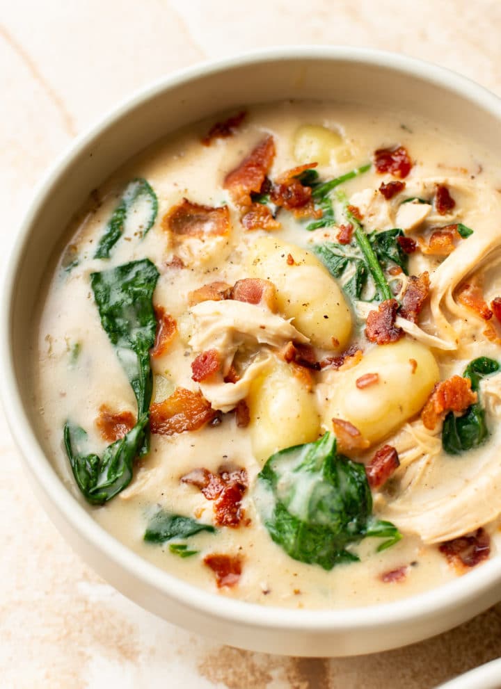 creamy chicken bacon gnocchi soup in a bowl