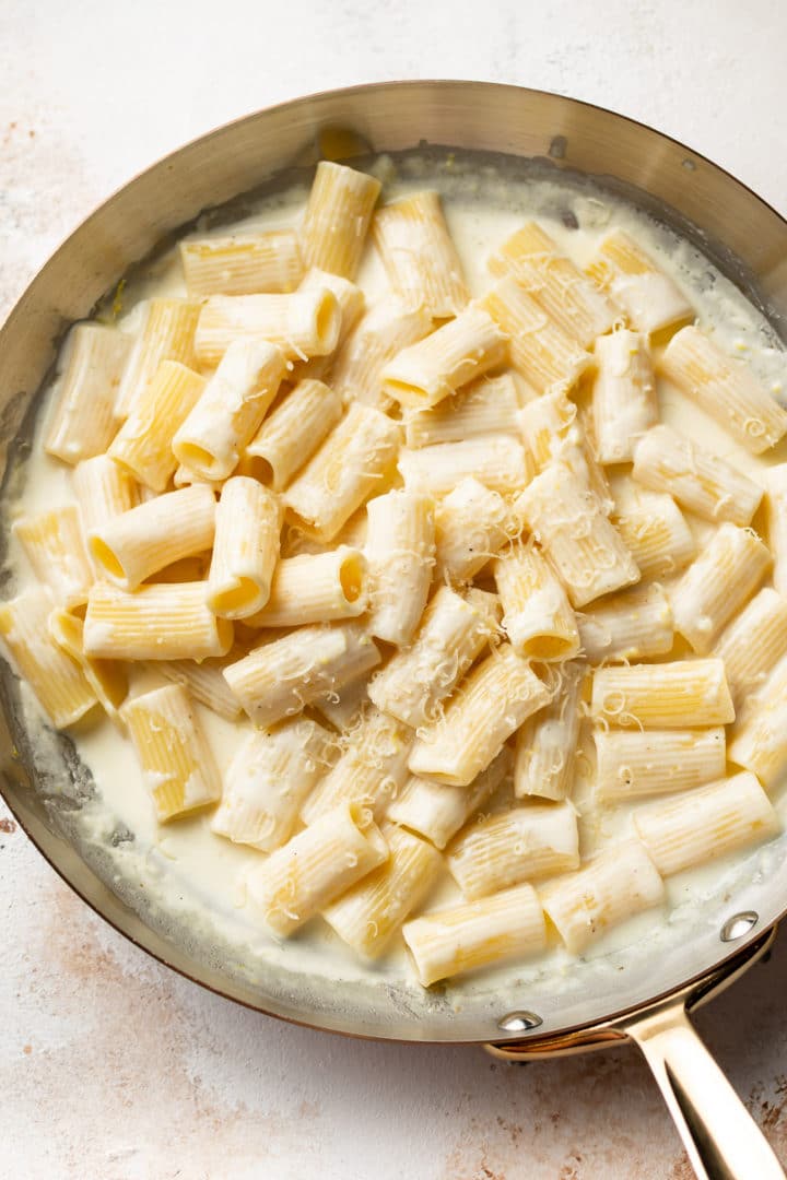 creamy lemon pasta in skillet