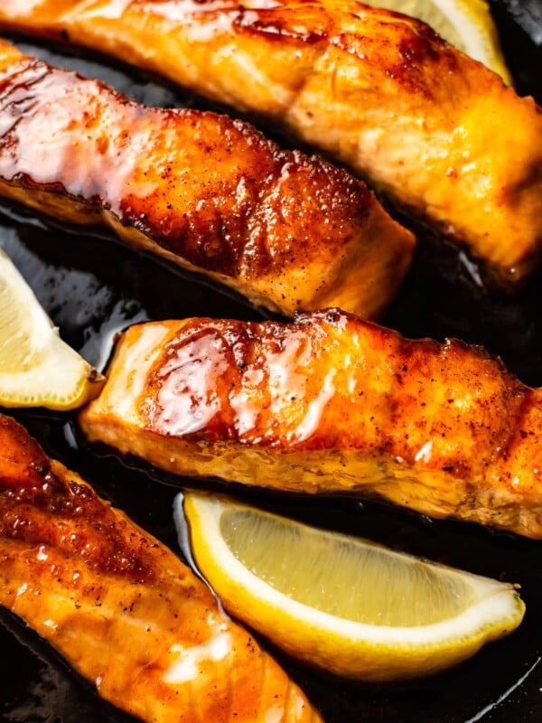close-up of soy sauce and honey glazed salmon