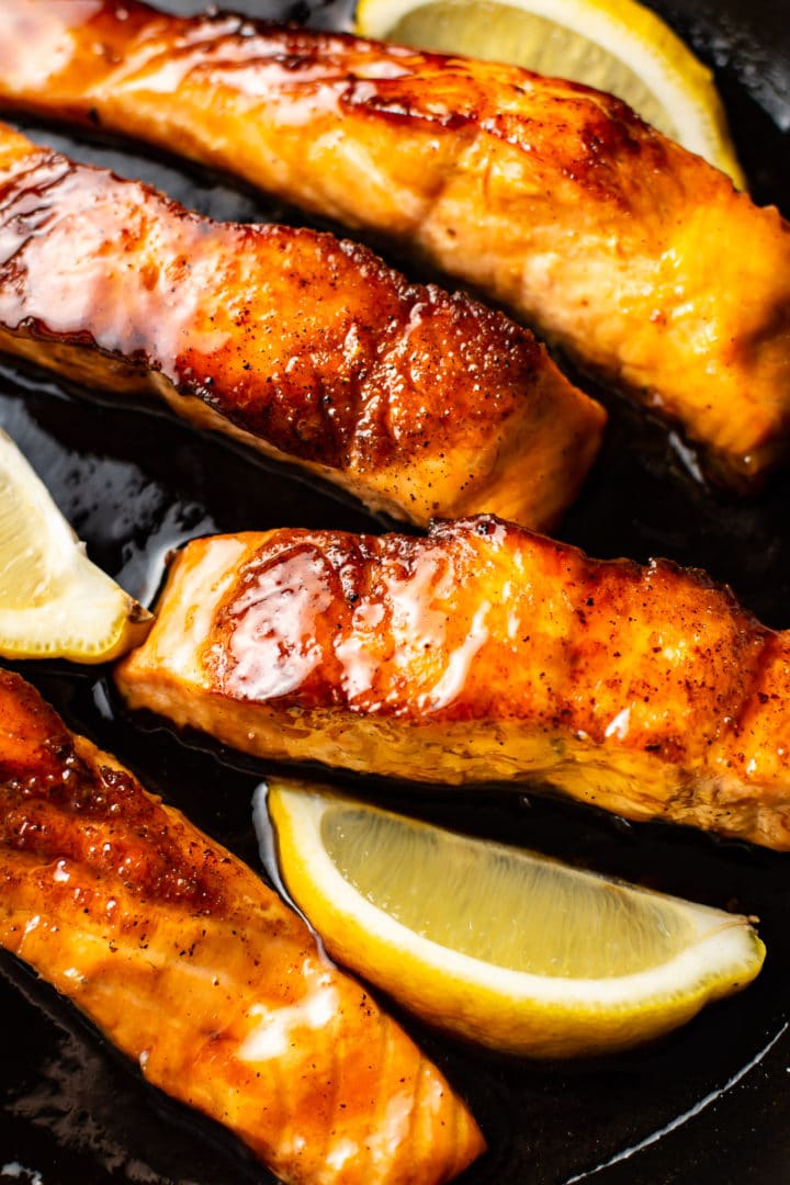 close-up of soy sauce and honey glazed salmon