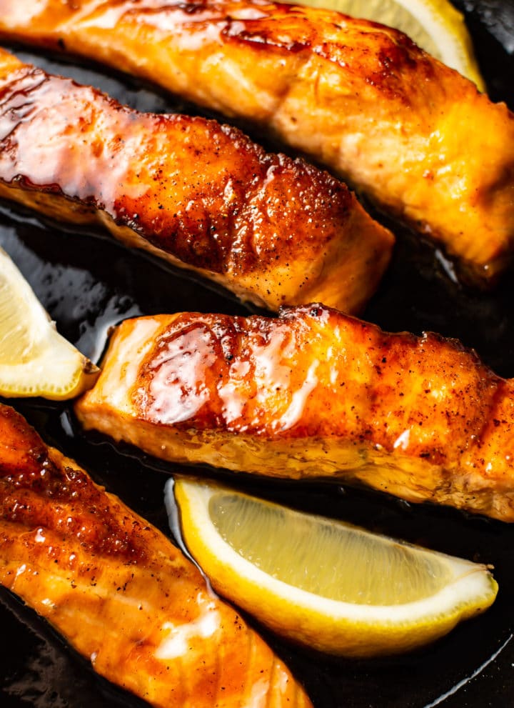 close-up of soy sauce and honey glazed salmon