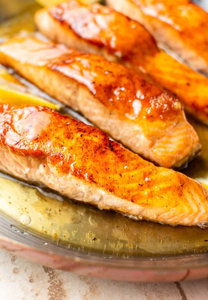 close-up of pan seared honey lemon salmon