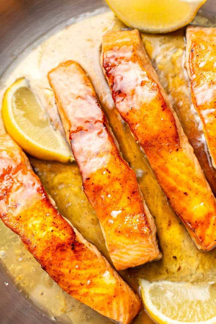 close-up overhead shot of honey lemon pan seared salmon