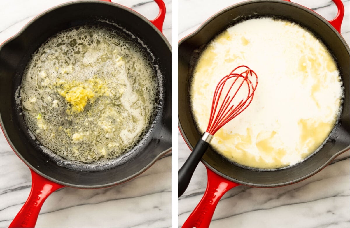 making a roux in a skillet and whisking creamy lemon sauce
