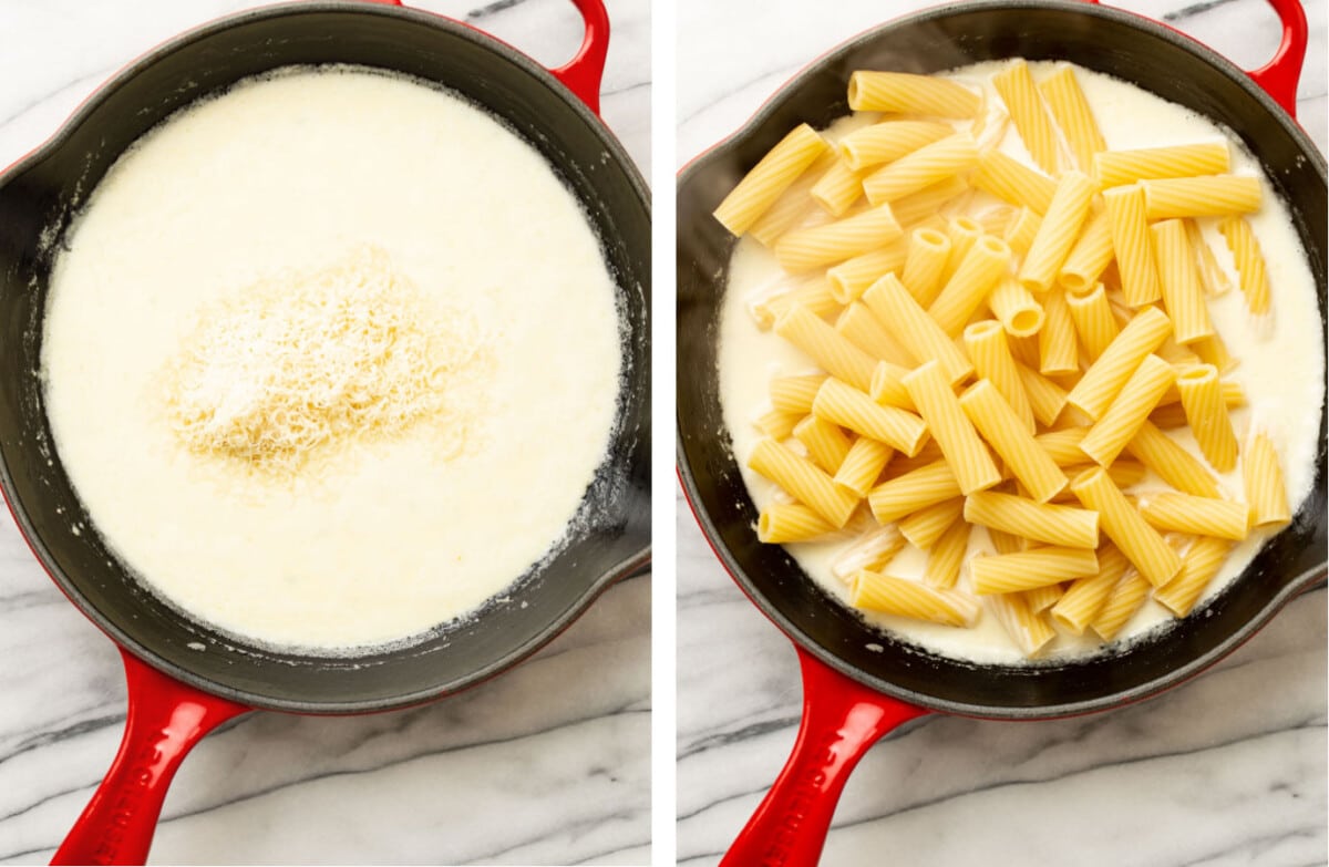 adding in parmesan to a skillet with creamy lemon sauce and tossing with pasta