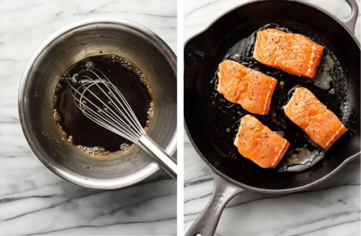 whisking sauce for honey glazed salmon and placing salmon in a skillet