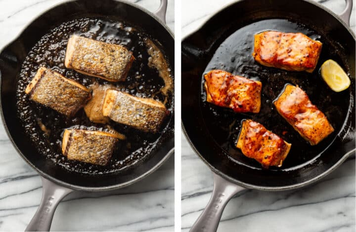 cooking honey glazed salmon in a cast iron skillet and adding lemon