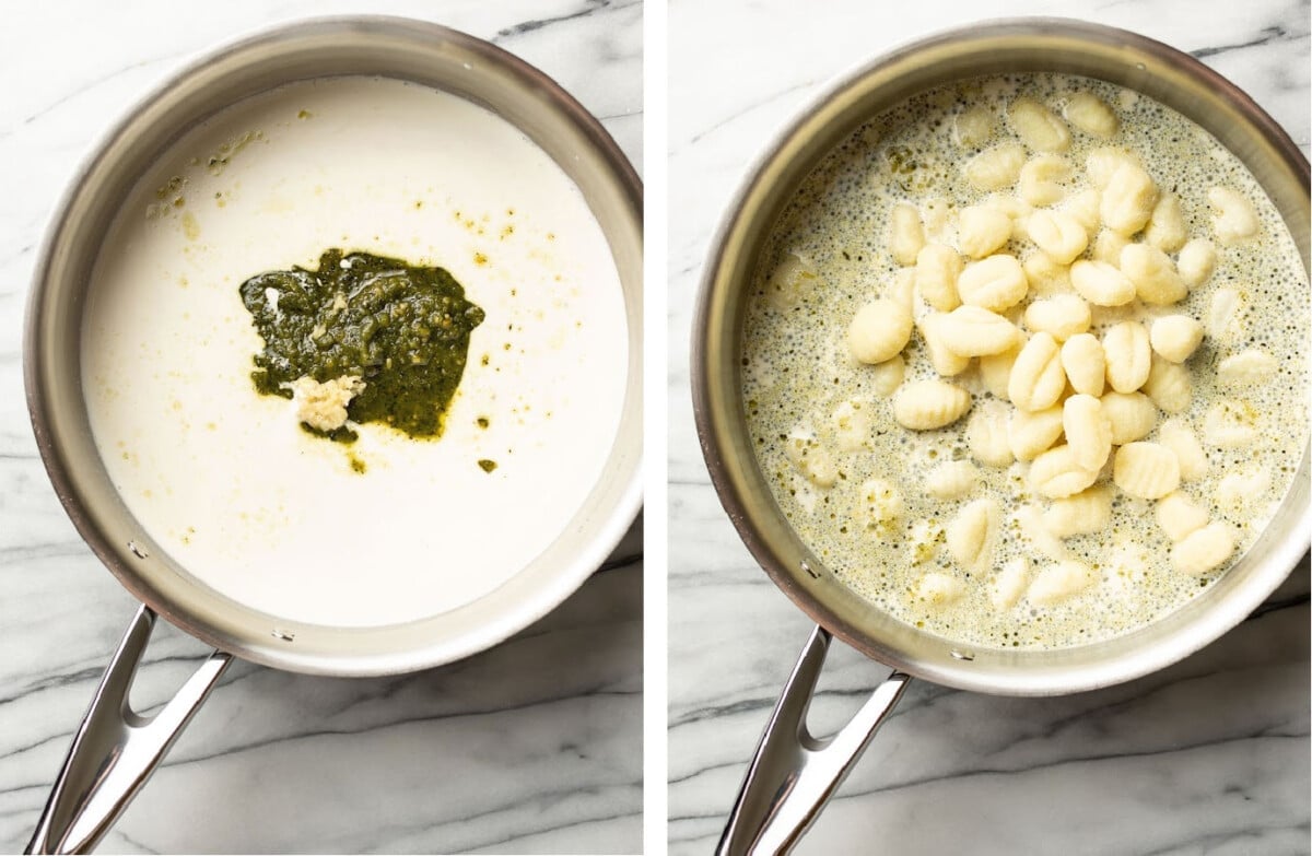 making creamy pesto sauce in a skillet and adding gnocchi