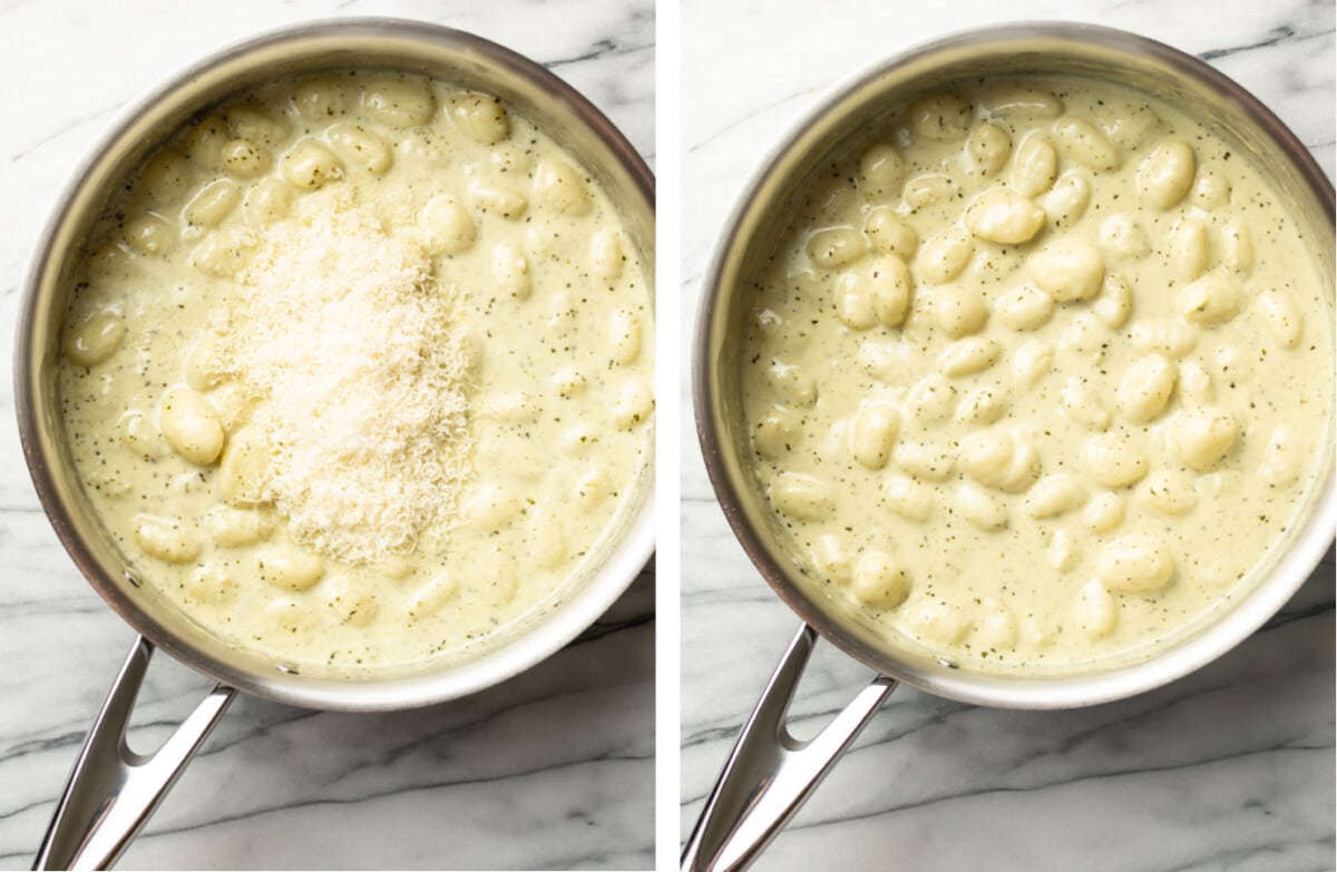adding parmesan to a skillet with creamy pesto gnocchi and stirring it in