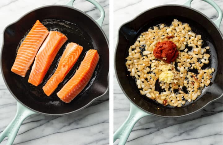 pan frying salmon in a skillet and sauteing onions and red curry paste