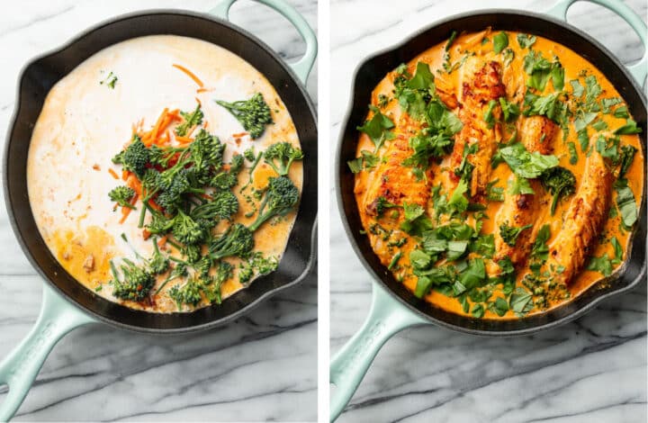 adding coconut milk, fresh herbs, and salmon into a skillet for salmon coconut curry