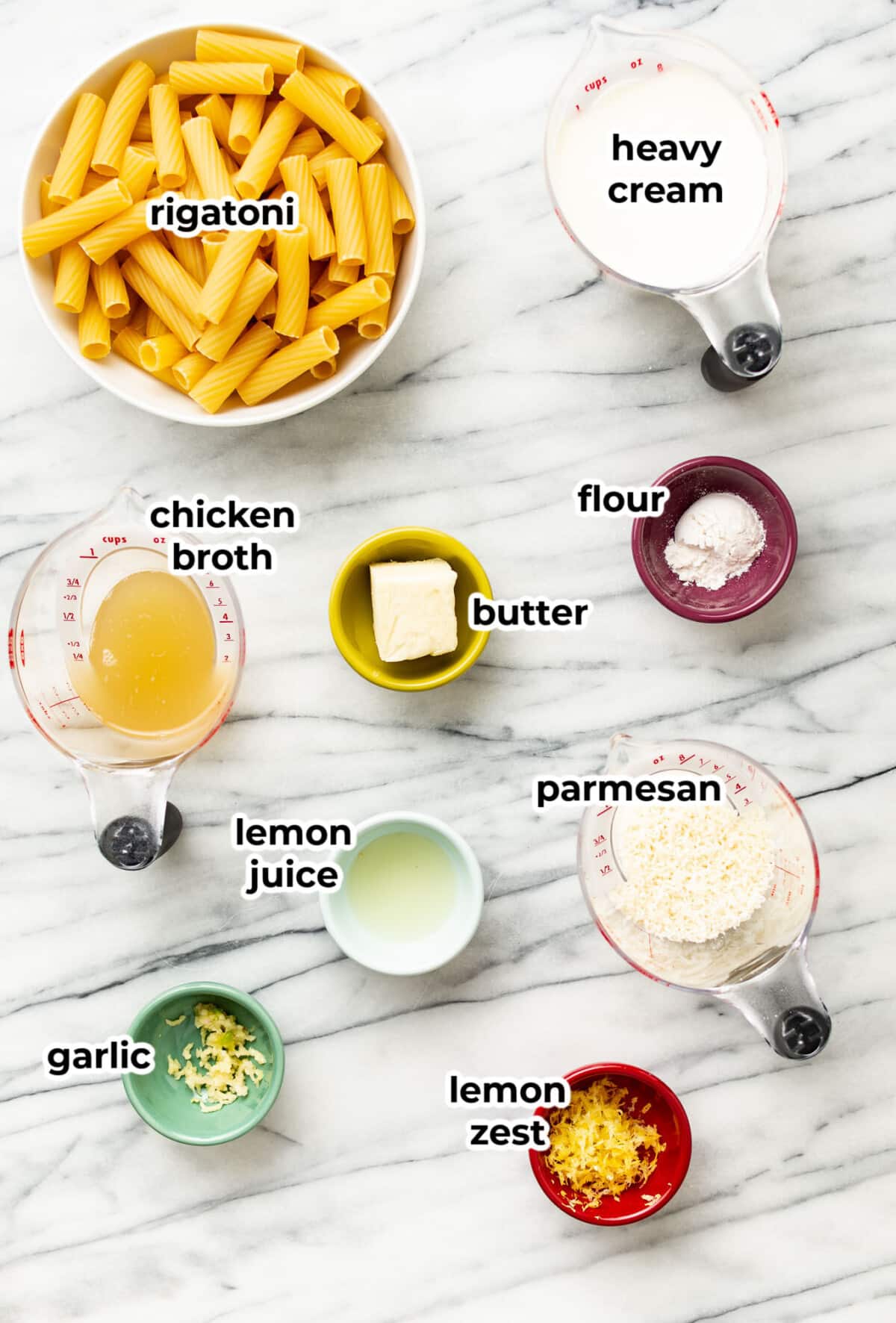 ingredients for creamy lemon pasta in prep bowls