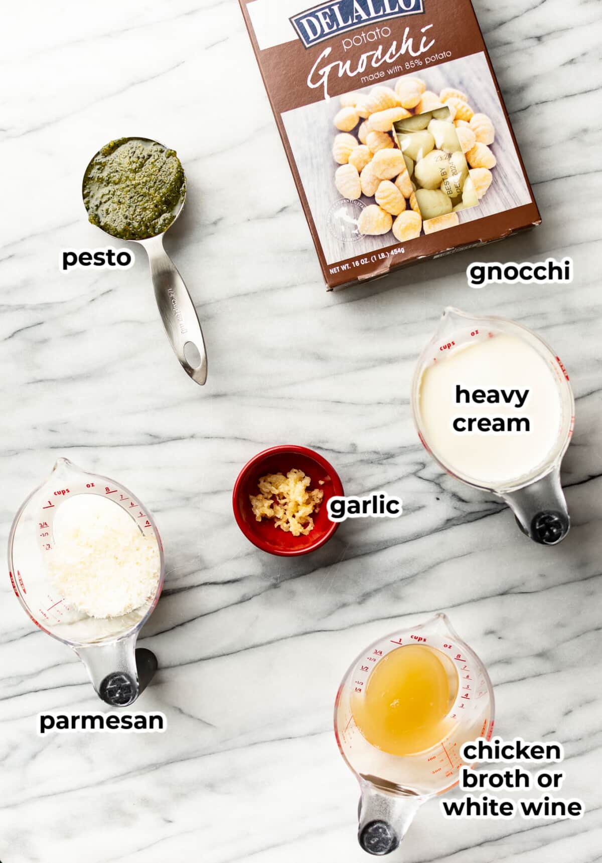 ingredients for pesto gnocchi in measuring cups