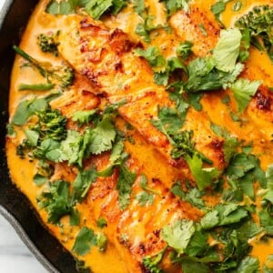 a cast iron skillet with salmon coconut curry