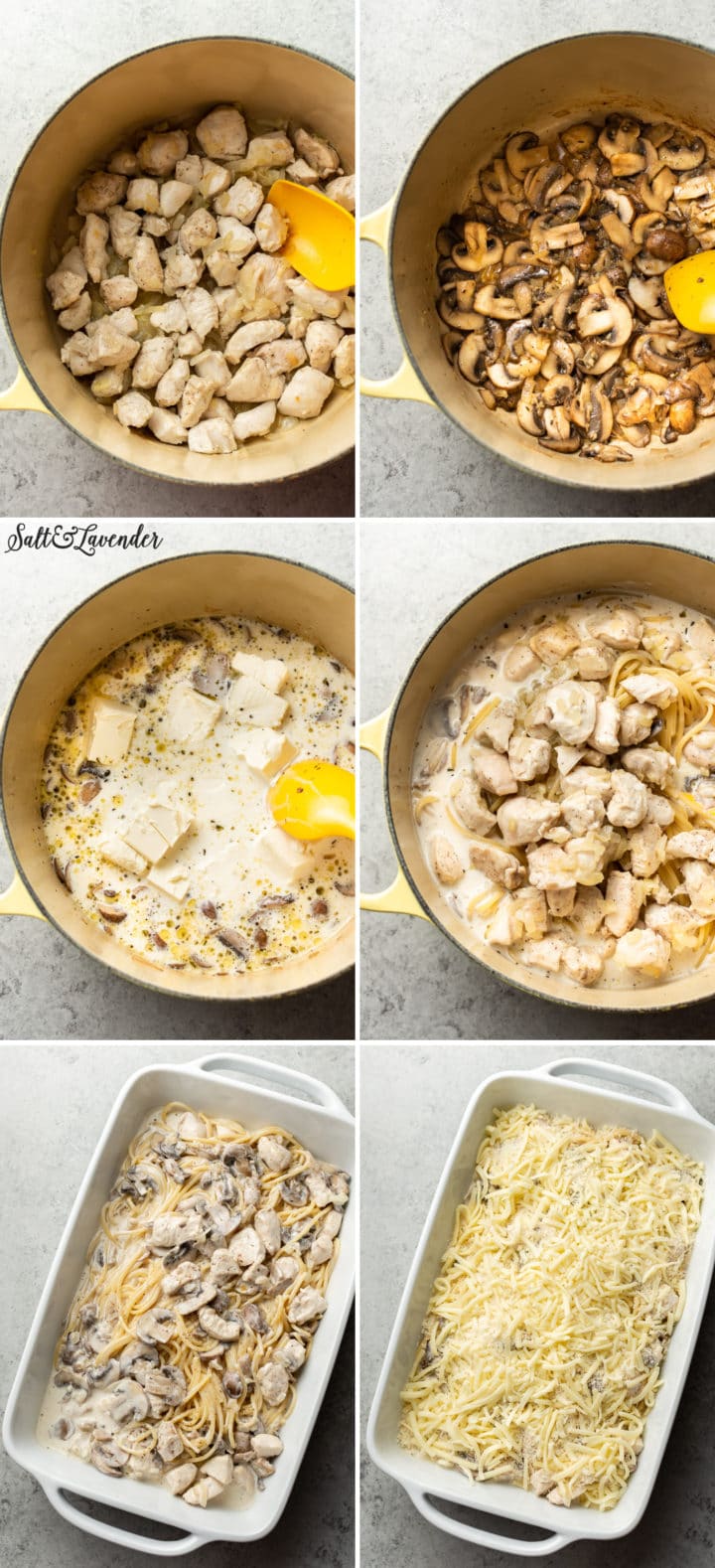 Chicken Tetrazzini collage process photos (in pot and baking dish)