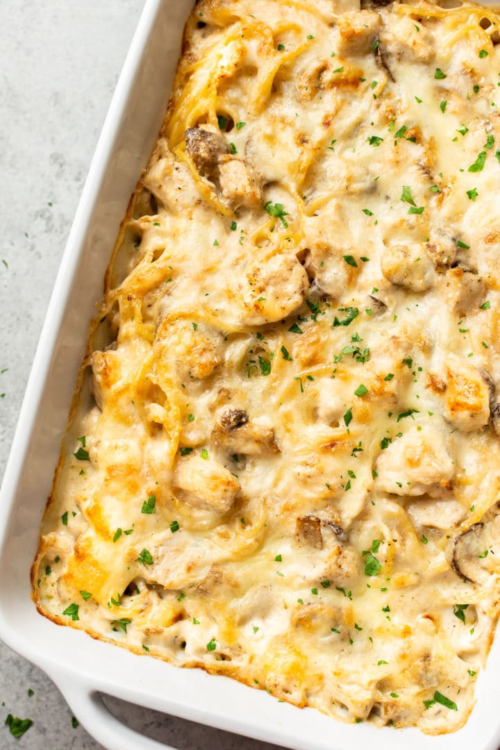 Chicken Tetrazzini in a white baking dish