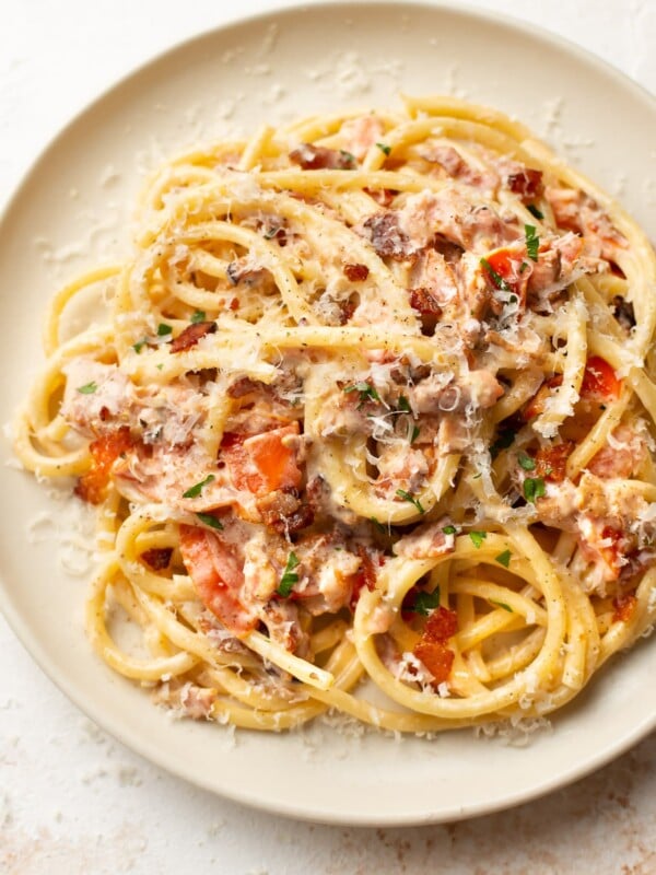 bacon tomato pasta on a plate