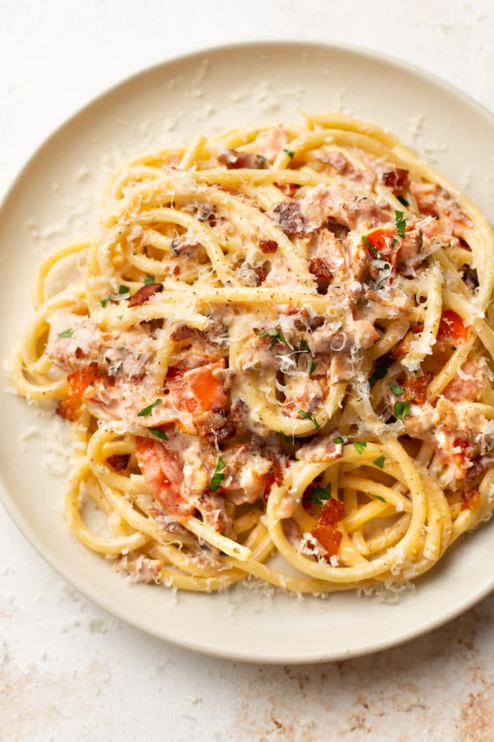 bacon tomato pasta on a plate