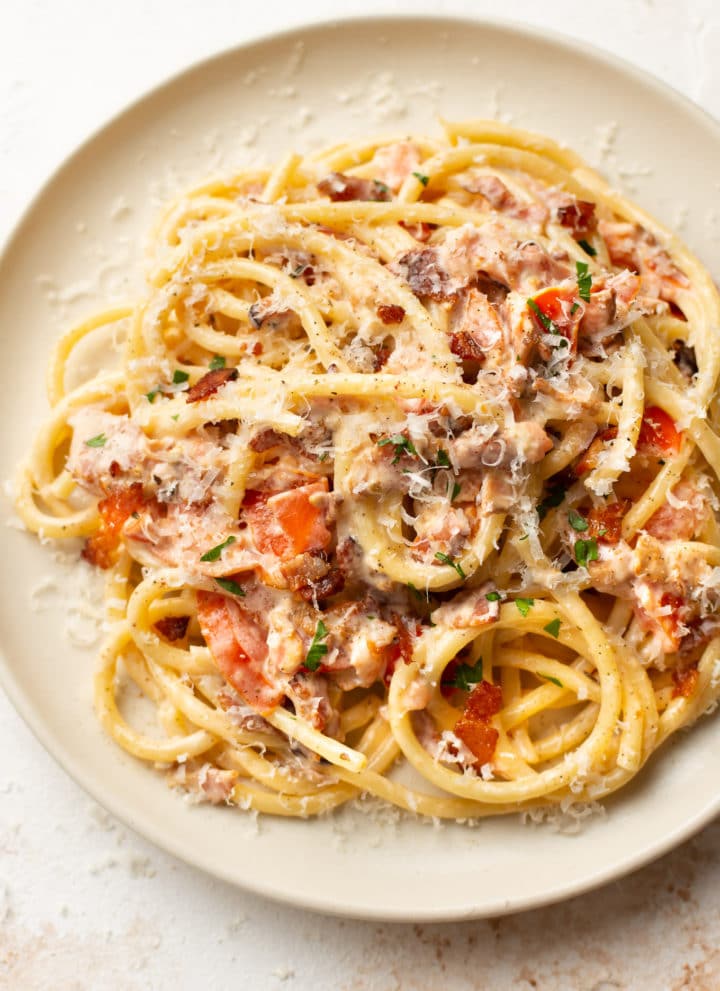 bacon tomato pasta on a plate