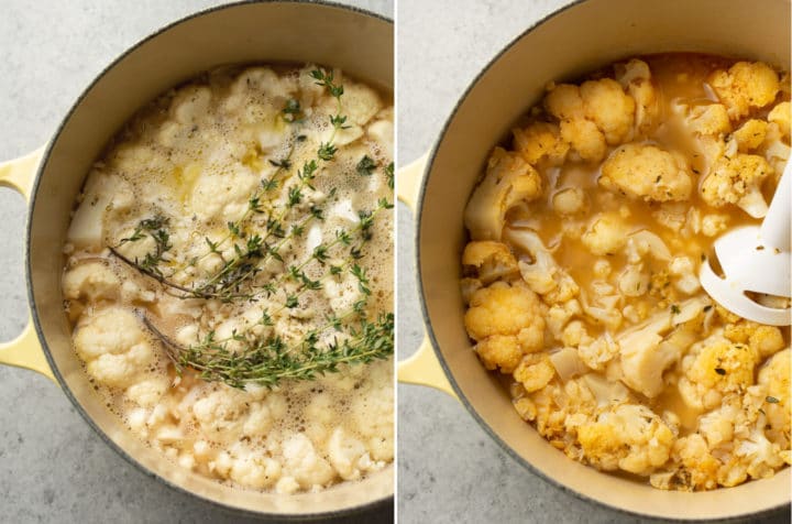 process collage of creamy cauliflower soup (showing it uncooked in the pot and then ready to be blended after being cooked)